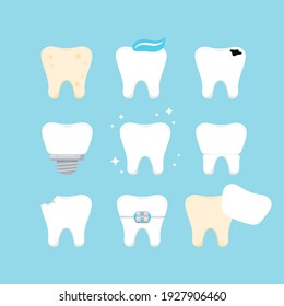 Teeth dental icon set isolated. Tooth collection - plaque, caries hole, implant, clean healthy, crown, chipped, in braces and veneer. Vector flat design cartoon style tooth illustration.