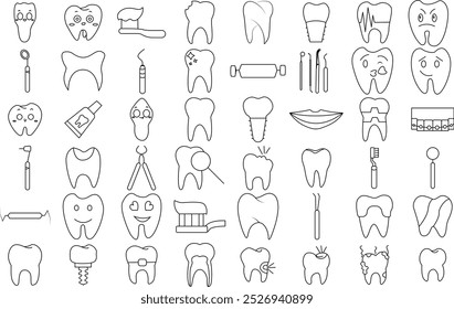 Dientes y conjunto de iconos dentales. Trazo editable de arte de línea delgada.