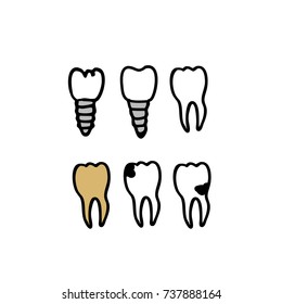 teeth and dental implants doodle icons