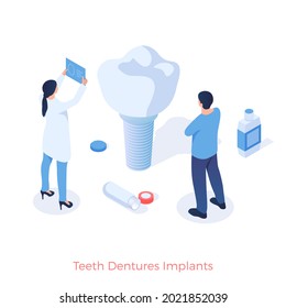 Teeth dental implants. Orthodontist test new artificial tooth for quality. Modern medical technologies for implantation of realistic oral prostheses. Vector illustration isometric template