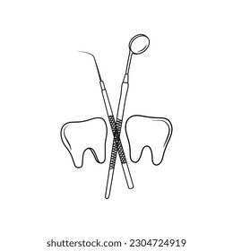 Dientes e instrumentos dentales. Línea de arte. Concepto de atención de la salud dental. Ilustración vectorial dibujada a mano.