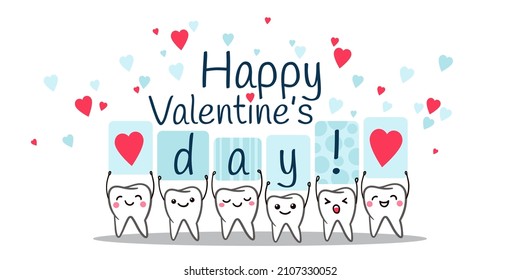 Teeth. Dental kids care banner. Happy Valentine's Day. Poster with cute smiling cartoon teeth with hearts on a white background. Vector illustration.