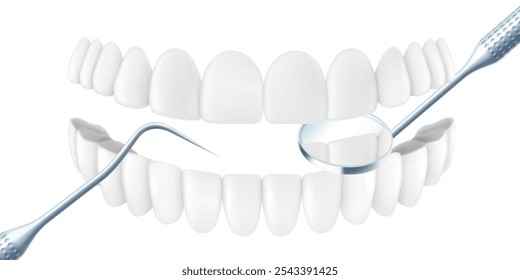 Teeth with dental scaler and stainless steel mouth mirror isolated on white background. Dental professional tools for treating human teeth and oral cavity. Realistic 3d vector illustration.