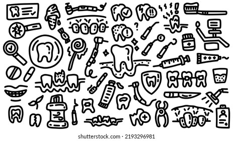 teeth and dental surgery tools icon set with doodle hand drawn outline art style vector collection for education and clinic