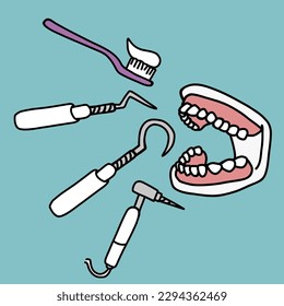Dibujo vectorial de herramientas dentales y de dientes	