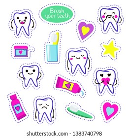 Teeth and Dentistry Elements  Stickers. Dental vector cartoons. Illustration for children dentistry and orthodontics. - Vector