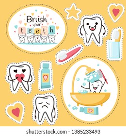 Teeth and Dentistry Elements  Stickers. Dental vector cartoons. Illustration for children dentistry and orthodontics. - Vector