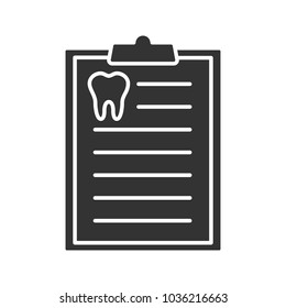 Teeth diagnostic report glyph icon. Silhouette symbol. Dentist advice. Negative space. Vector isolated illustration