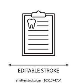 Teeth diagnostic report linear icon. Thin line illustration. Dentist advice. Contour symbol. Vector isolated outline drawing. Editable stroke