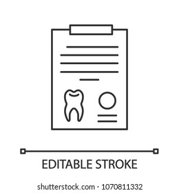 Teeth diagnostic report linear icon. Thin line illustration. Dentist advice. Contour symbol. Vector isolated outline drawing. Editable stroke