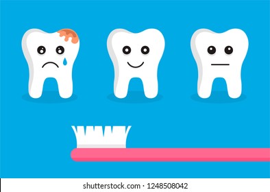 Teeth with different emotions and pink toothbrush. Flat style vector illustration. Dental care concept design.