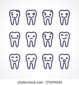 Teeth with different emotions set. Dark-blue linear tooth sign, symbol, icon, logo