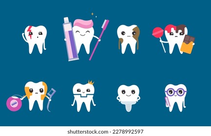 Teeth in different poses. Cute characters in flat style.