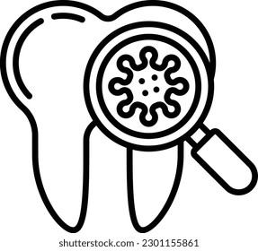 Teeth Disease Investigation or Diagnosis concept, Tooth with Magnifying Glass and Bacteria vector icon design, Dentistry symbol,Health Care sign, Dental instrument stock illustration 