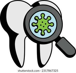 Teeth Disease Investigation or Diagnosis concept, Tooth with Magnifying Glass and Bacteria vector icon design, Dentures symbol,Oral Healthcare sign, Dental instrument stock illustration