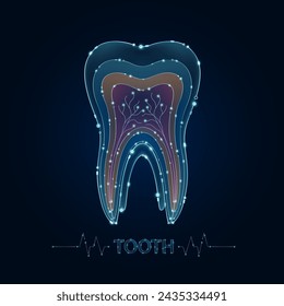 Teeth in electronic form glowing between information connecting lines. Medical science of technology digital hi tech. Futuristic digital circuit board innovative health care. Vector EPS10.