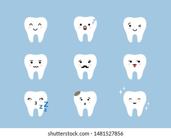 Teeth emoji icon set. Cracked, broken, healthy white cute cartoon kawaii tooth characters with different facial expressions.