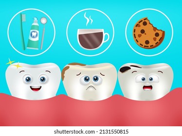 Teeth emoji vector design. Tooth emojis in dental condition with healthy, strong, stain and decay from sweets and coffee elements for oral health awareness. Vector illustration.
