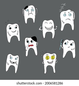 Teeth emoticons with different emotions isolated on white background. Set of vector emoticons. Flat cartoon style suitable for landing page, banner, flyer, sticker. Drawn in doodle style, coloring