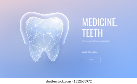 Teeth enamel protection low poly landing page template. Volumetric moral polygonal glowing illustration. Antibacterial mouth cavity care mesh art banner. Dentistry service homepage design