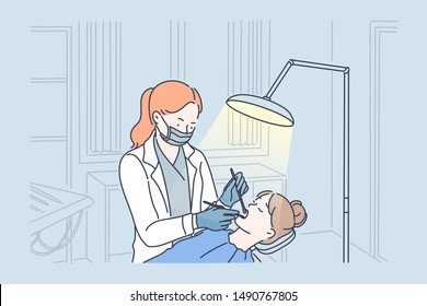 Teeth examination and dentistry checkup concept. Dentist woman holding instruments and examining girl teeth looking inside mouth. Patient lying down in dental chair. Simple flat vector.