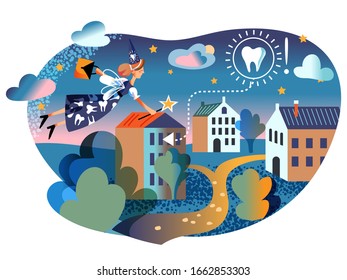 Teeth Fairy Fantasy Folklore Character With Suitcase, Magic Stick And Gift For Kid Flying In Sky Over Night City And Looking For Apartment House Where Child Lost Own Tooth. Vector Illustration