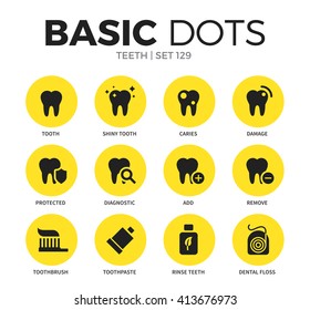 Teeth flat icons set with tooth, add, remove and toothpaste isolated vector illustration on white