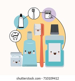 teeth friends dental care elements kawaii set with different expression with circular frame icons dental care on white background vector illustration
