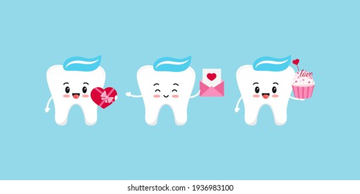 Teeth with gifts dental icon set isolated. Valentines day dentist cute white tooth character in love with heart, letter, cupcake. Flat design cartoon vector kids dentistry clip art illustration.