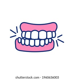 Teeth grinding RGB color icon. Jaw involuntary clenching. Bruxism. Oral parafunctional activity. Stress, fear, concentration aftermath. Chipped teeth. Sleep disorders. Isolated vector illustration
