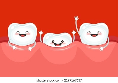 Los dientes tienen personajes graciosos, dientes en chicle dental, odontología. Caricatura del crecimiento de dientes de leche para bebés o de los primeros dientes personajes portadores felices, afiche del dentista para el cuidado de la boca y la ortodoncia