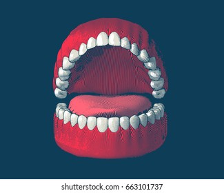 Teeth and gum engraving with color illustration isolated on dark blue background