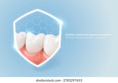Teeth and gum protection concept with shield icon on blue background. Healthy dental care 3d vector illustration.