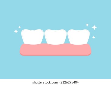 Teeth in gum with sparkles dentistry vector sign isolated on blue background. Tooth row in jaw flat design cartoon style vector dental health, treatment and prevention concept illustration.