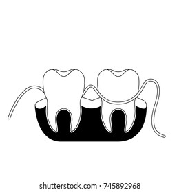 teeth and gums with dental floss between them in black silhouette vector illustration
