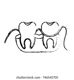 teeth and gums with dental floss between them in monochrome blurred silhouette vector illustration