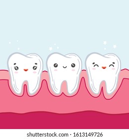 Teeth in the gums. Vector color illustration in cartoon style. Kawaii character. Children's dentistry.