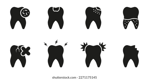 Teeth and Gym Medical Problems Silhouette Icon Set. Tooth Disease Symbol. Toothache, Cracked and Broken Tooth, Caries Glyph Pictogram. Dental Treatment Solid Sign. Isolated Vector Illustration.