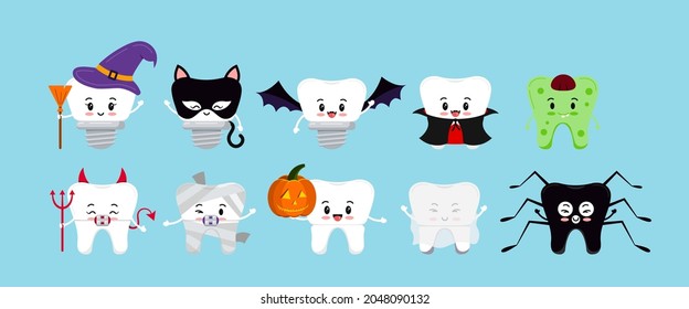 Teeth in Halloween carnival costume dental icon set. Cute tooth implant, in braces crown - ghost mummy vampire witch pumpkin bat character for dentist halloween card. Flat design cartoon illustration.