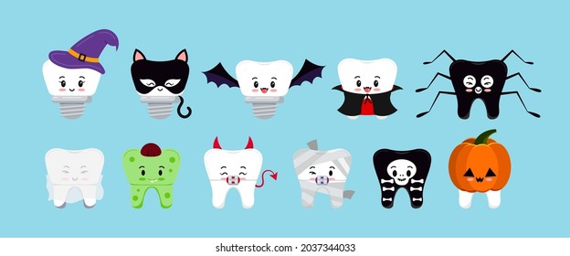 Teeth in Halloween carnival costume vector dental icon set. Cute tooth ghost mummy vampire witch cat spider pumpkin bat - character for dentist halloween card. Flat design cartoon illustration.  