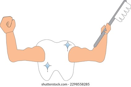 dientes con la mano sujetando un cepillo para limpiar y ser fuerte y simple vector