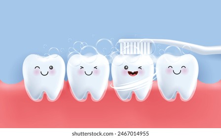 Teeth is happy brush your teeth with toothpaste. teeth suitable for children dental clinic. teeth character for kids. cute dentist mascot for medical apps, websites and hospital. vector design.