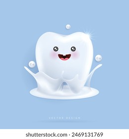 Dientes de carácter dental feliz y saludable sonriendo con salpicaduras de leche y calcio. se puede utilizar en la clínica de odontología infantil. Concepto de salud médica y odontología. personaje dental de dibujos animados. Diseño de Vectores.