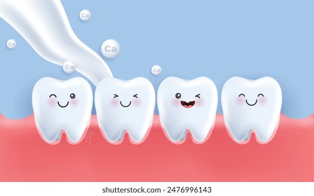 Teeth happy and healthy tooth character smiling with milk splash and calcium. can be used in children dentist clinic. Medical health and dentistry concept. cartoon dental character. vector design