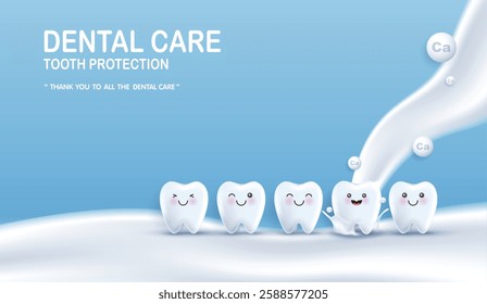 Teeth happy and healthy tooth character smiling with milk splash and calcium. can be used in children dentist clinic. Medical health and dentistry concept. cartoon dental character. vector design.