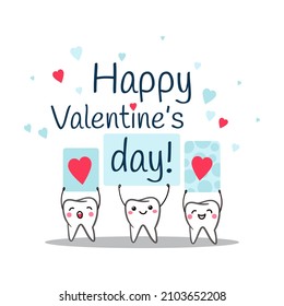 Teeth. Happy Valentine's Day. Poster with cute smiling cartoon teeth with hearts on a white background. Stomatology concept. Flat style cartoon character illustration. Dental kids care banner. Vector