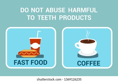 Teeth Health care Motivational Web Banner Concept. Harmful Products Flat Vector Illustration with Typography. Dentist Recommendations, Fast food and Coffee. Dentistry, Dental Hygiene Poster