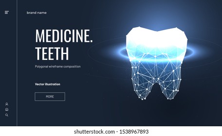 Teeth health low poly landing page template. Trendy 3d tooth polygonal illustration. Innovative enamel protection mesh art banner. Stomatology clinic services website page design layout