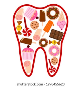 Teeth health vector illustration of unhealthy tooth due to sweet junk food