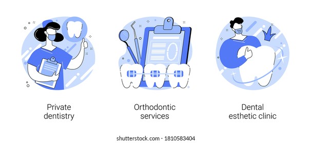 Teeth healthcare abstract concept vector illustration set. Private dentistry, orthodontic services, dental esthetic clinic, oral hygiene, smile treatment, emergency dentist abstract metaphor.